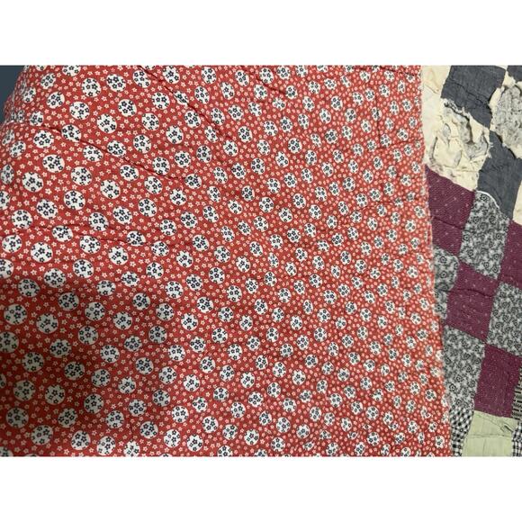 Vintage Handmade Hand Quilted Patchwork Block Quilt 74x82 Antique Tattered - Picture 2 of 6